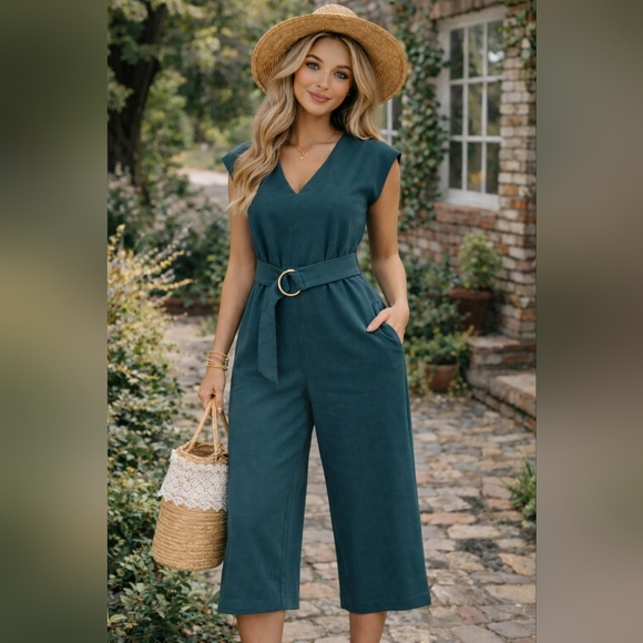 Bishop + Young Belted Jumpsuit Teal Blue-Green City Chic Minimalist One-Piece - Picture 1 of 5